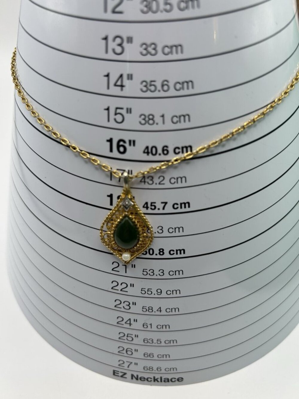 Vintage Green Jade Diamond Cultured Pearl Filigree Gold-tone Pendant Necklace - Picture 6 of 9